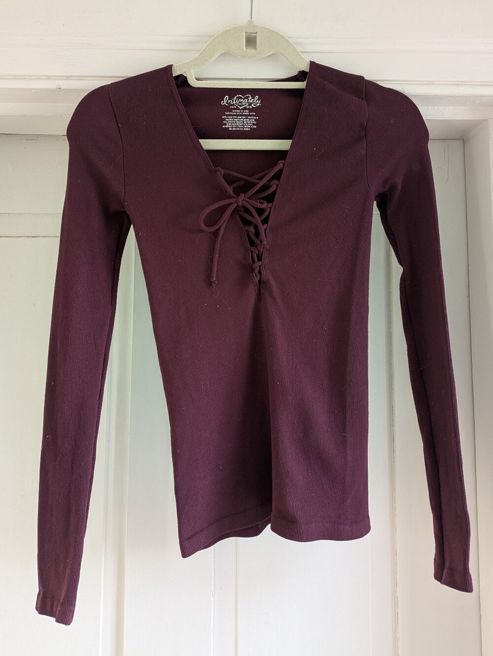 Intimately Free People Wine Long Sleeve, Lace Up Top- XS/S